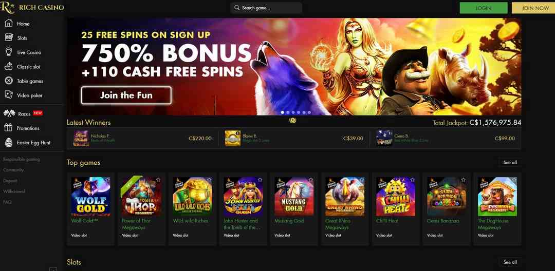 Giao diện hệ quý tộc của Rich Casino